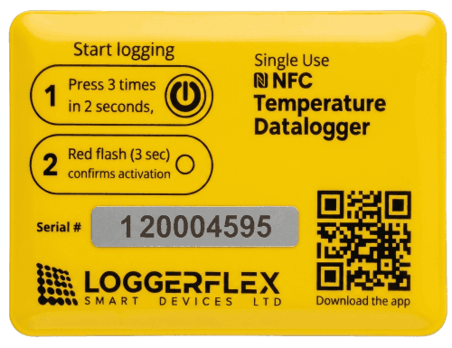 Registrador de temperatura NFC desechable Microthermo: etiqueta amarilla con los pasos de activación, un número de serie y el código QR de la app